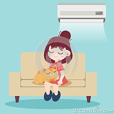 A girl and cute cat sitting together on the modern sofa and have air conditioner on the wall. They napping look so relax. Home pet Vector Illustration