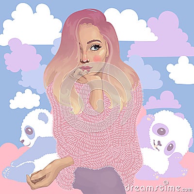 Girl and cute pandas are sitting on the cloud Vector Illustration
