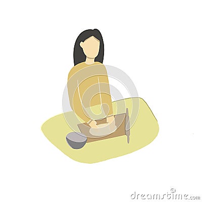 girl cutting bread, flat illustration, girl cooking Cartoon Illustration