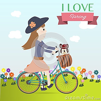 Girl cycling bicycle on the spring time Vector Illustration