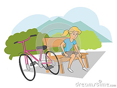 Girl cyclist with injured leg sitting on bench Vector Illustration