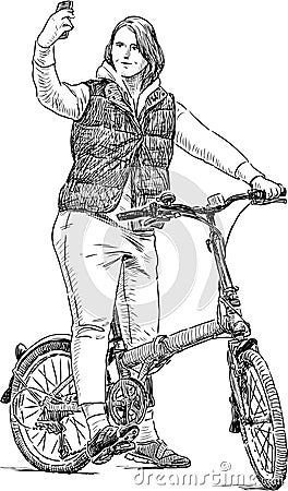 Girl cyclist takes a selfie Vector Illustration