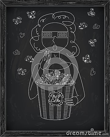 Girl in 3D glasses eating delicious popcorn from a big striped Vector Illustration