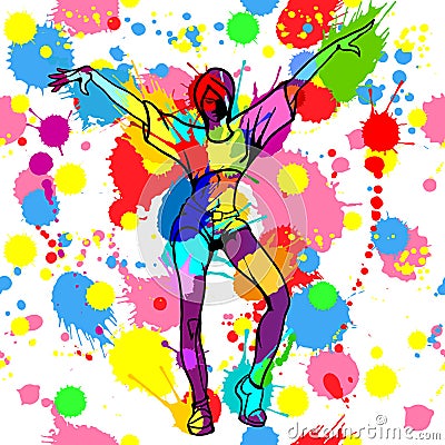 Girl dancer with colorful ink and paint splashes Vector Illustration