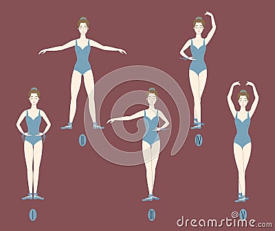 Girl dancer shows the five basic ballet positions Stock Photo