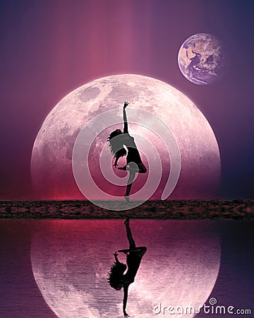 Girl dancing edge of lake silhouette on moon and earth planet background reflection pink blue sky fantasy Stock Photo