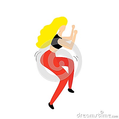 Girl dancing fitness squats. In red pants and black top Stock Photo