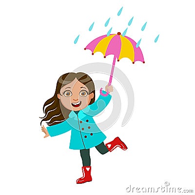 Girl Dancing Under Raindrops With Umbrella, Kid In Autumn Clothes In Fall Season Enjoyingn Rain And Rainy Weather Vector Illustration