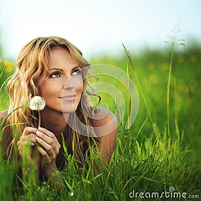 Girl with dandelion i wish Stock Photo