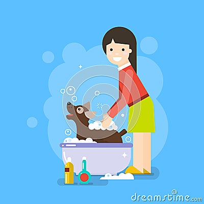 Girl washing cute dog. Vector Illustration