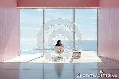 A girl with dark long hair is sitting in the chair Achitectural space. Cinematic. A beach Generative AI Stock Photo