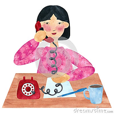 A girl with dark straight hair in pink, talking on the phone Stock Photo