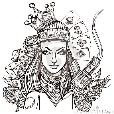 Girl death outline illustration for coloring. Portrait of a Bandit woman for t-shirt design or print Cartoon Illustration