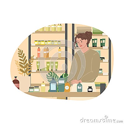 Girl deciding which bodycare product to buy in cosmetics store Vector Illustration