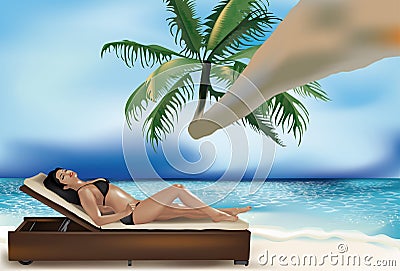 Girl on deckchair under palm Vector Illustration