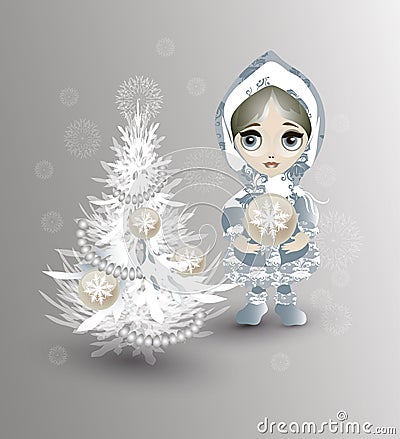 girl decorates the Christmas tree Cartoon Illustration