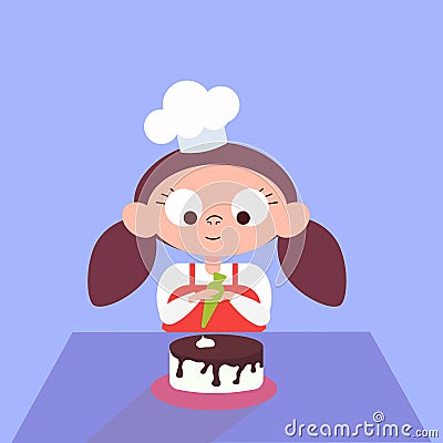 Girl decorating chocolate cake in the kitchen Vector Illustration