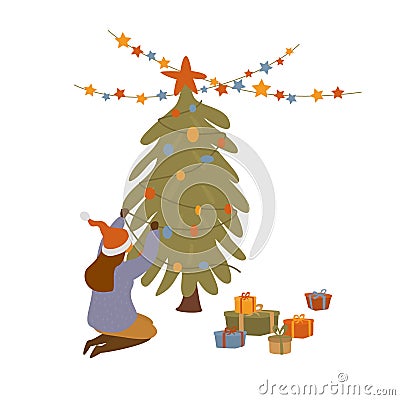 Girl decorating christmas tree isolated vector illustration Vector Illustration