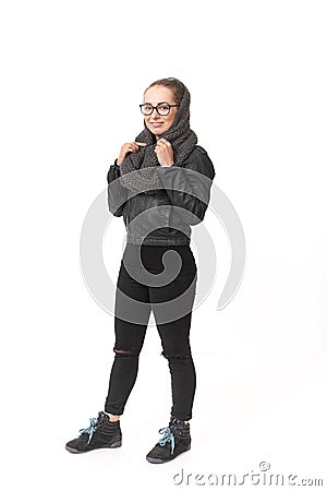 A girl in a demi-season clothes In a snood on a white background. Stock Photo