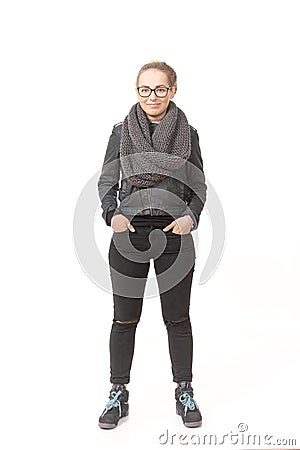 A girl in a demi-season clothes In a snood on a white background. Stock Photo