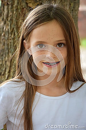 Girl with dental braces Stock Photo