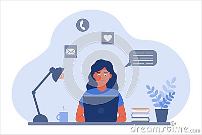 The girl at the desk looks at the laptop screen. The concept of online learning, communication by video, in chats and by Vector Illustration
