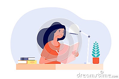 Girl diary. Woman write journal. Student studying with book. Teenager draws in cute paper notebook. Vector female Vector Illustration