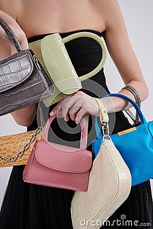 Girl with different handbags. Stock Photo