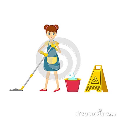 Girl in an apron, is engaged in cleaning the room. Vector Illustration