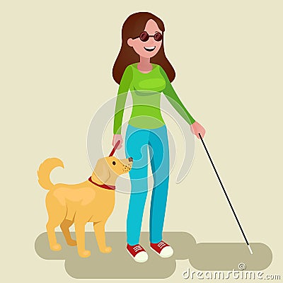 Girl disabled and guide-dog. Blind teenager with his faithful companion. Cartoon Illustration