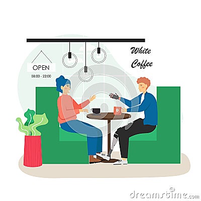 Girl and disabled man with prosthetic arm and leg meeting for coffee in cafe, flat vector illustration. Vector Illustration