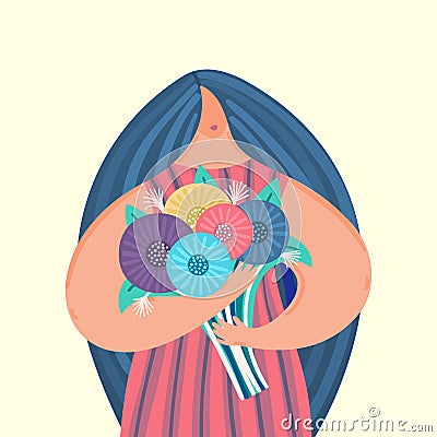 Girl with disproportionate figure holds bouquet of flowers. Flat design. Trendy style. Body positive. Woman in dress Vector Illustration