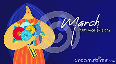 Girl with disproportionate figure holds bouquet of flowers. Flat design. Trendy style. 8 March. Happy women`s day Vector Illustration