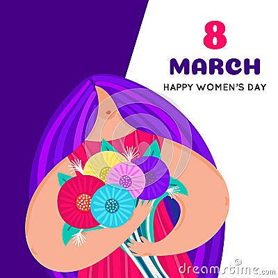 Girl with disproportionate figure holds bouquet of flowers. Flat design. Trendy style. 8 March. Happy women`s day Vector Illustration