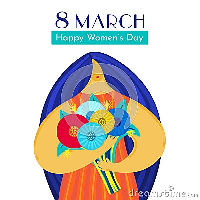 Girl with disproportionate figure holds bouquet of flowers. Flat design. Trendy style. 8 March. Happy women`s day Vector Illustration