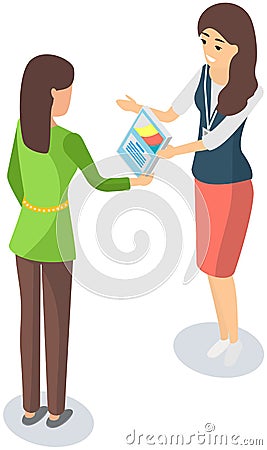 Female promoter is giving leaflet flier with advertisement to woman. Leafleting, advertising concept Vector Illustration