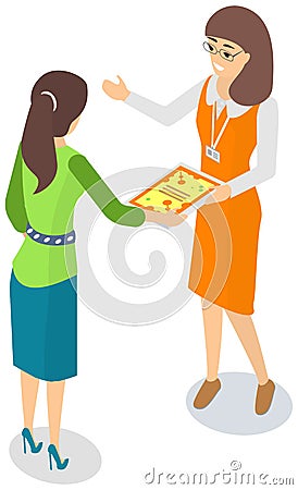Girl distributor with badge sharing product samples. Lady working in advertising company, promoting Vector Illustration