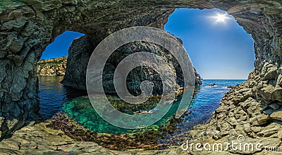 Girl dive in the Diana`s grotto Sevastopol. Fiolent, Crimea on a background of rocky shores. The concept of an travel, relax, Stock Photo