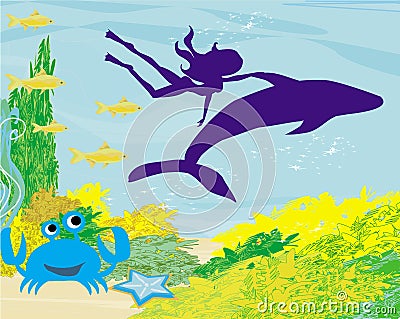 The girl-diver floats together with a dolphin Vector Illustration