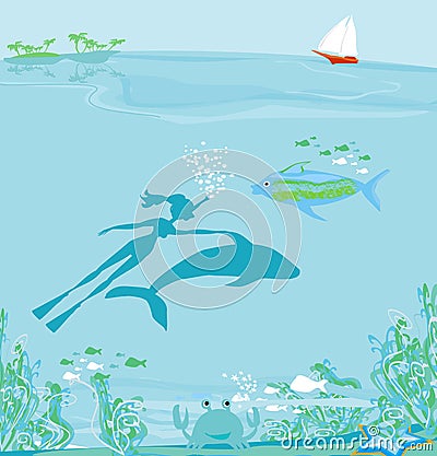 The girl-diver floats together with a dolphin Vector Illustration