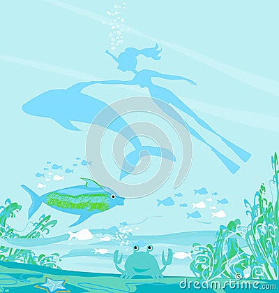 The girl-diver floats together with a dolphin Cartoon Illustration