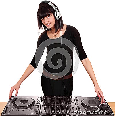 Girl dj with turntables Stock Photo