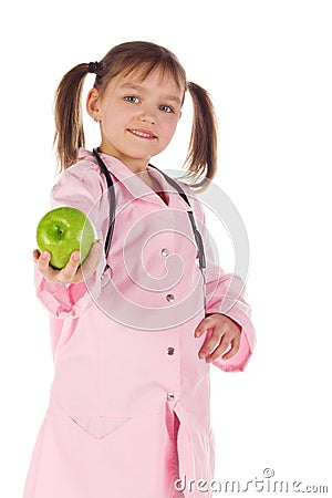 Girl, a doctor, the child, apple Stock Photo