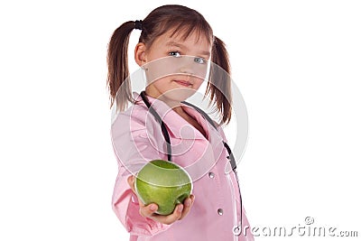 Girl, a doctor, the child, apple Stock Photo