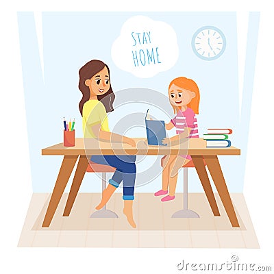 The girl does homework with her mother. Child reads a book for her mom. Vector Illustration