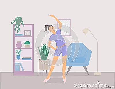 A girl does sports at home. Fitness exercise in the living room. Young woman, furniture in pastel colors. Vector Illustration