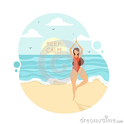 Girl Does Yoga in Tree Pose on the Beach Vector Illustration