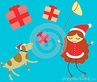 Girl and dog chasing christmas presents Stock Photo
