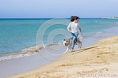 Girl dog run Stock Photo