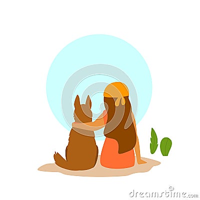 Girl and a dog sitting together backside view, best friends cute vector illustration Vector Illustration